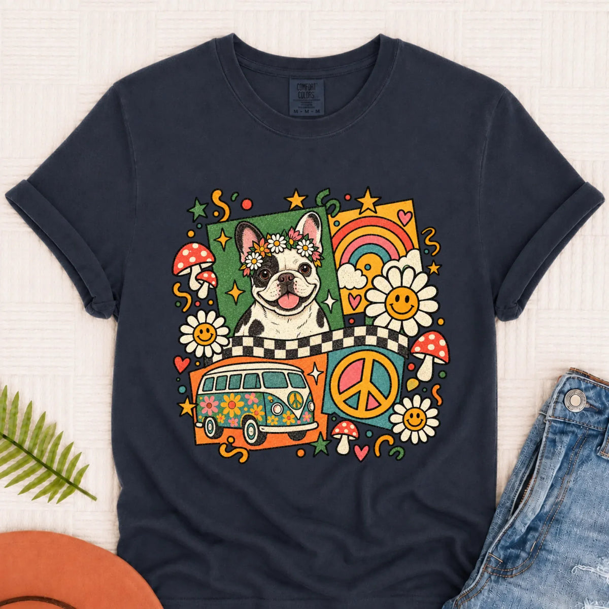 T-Shirt Navy / S Custom Frenchie Hippie Mushrooms Unisex Tshirt