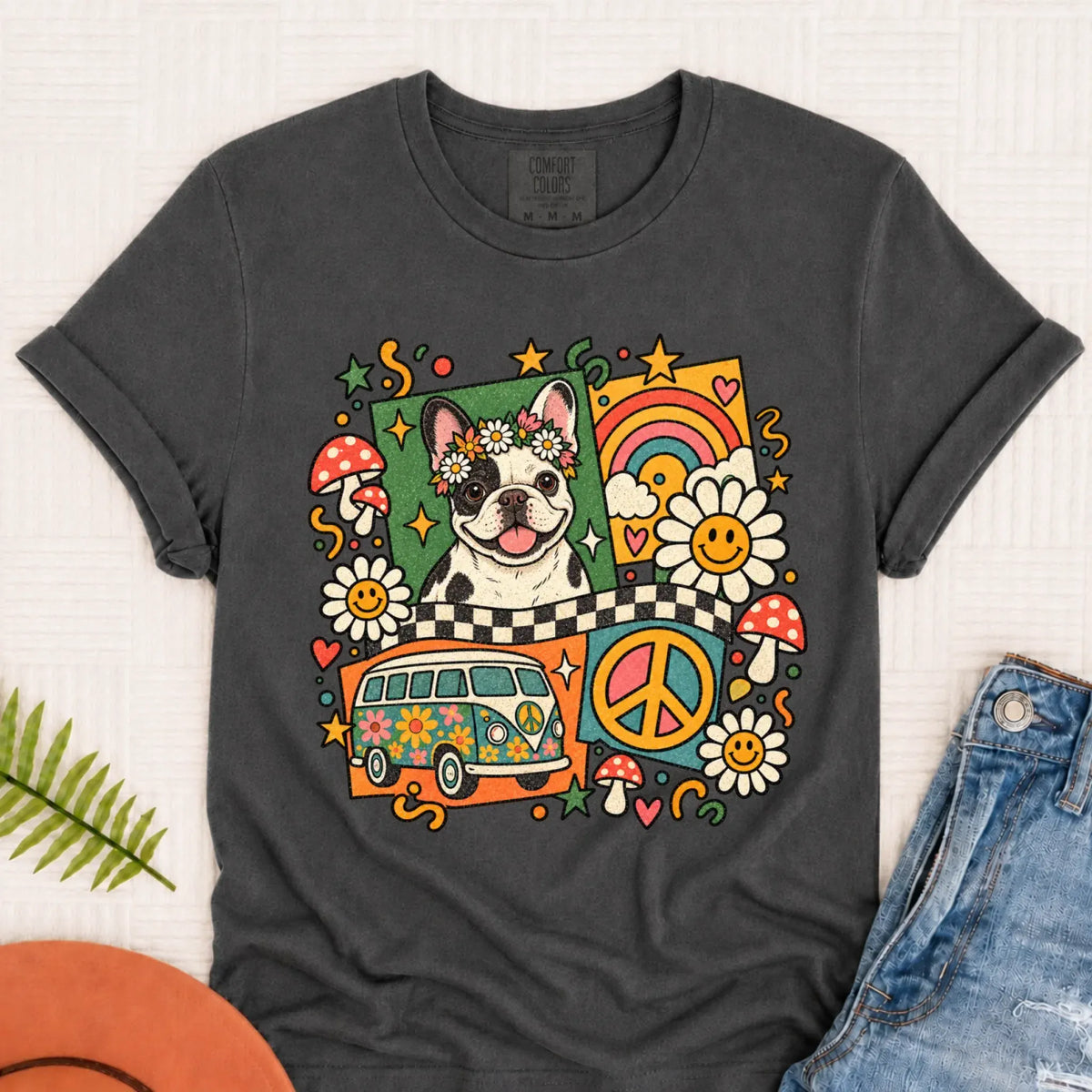 T-Shirt Pepper / S Custom Frenchie Hippie Mushrooms Unisex Tshirt