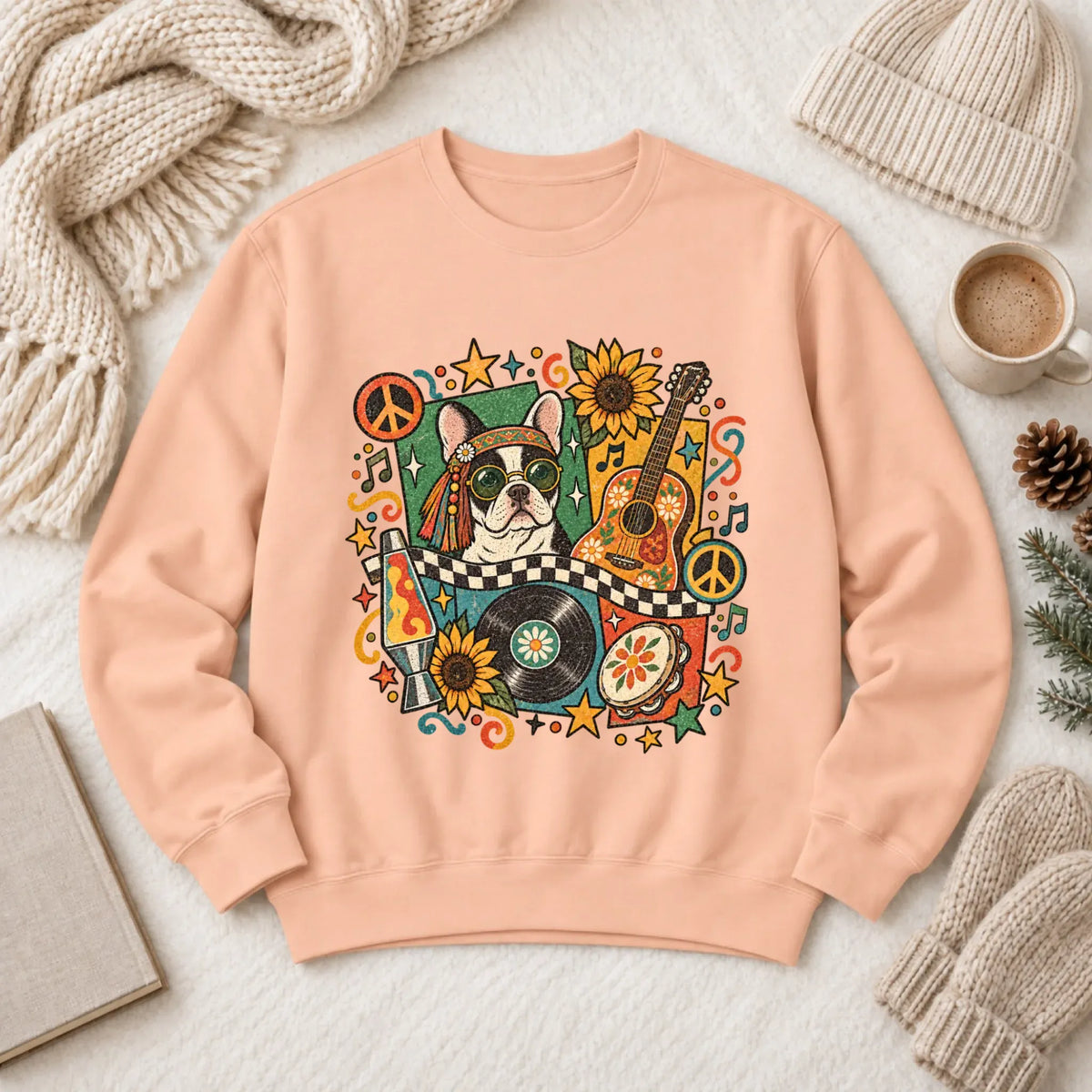 Customizer 1466 LW Sweatshirt Light / Peachy / S Custom Frenchie Hippie Music Unisex Sweatshirt