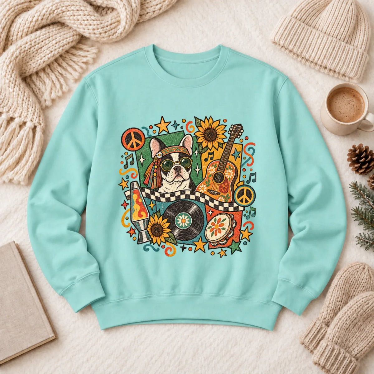 Customizer 1466 LW Sweatshirt Light / Chalky Mint / S Custom Frenchie Hippie Music Unisex Sweatshirt