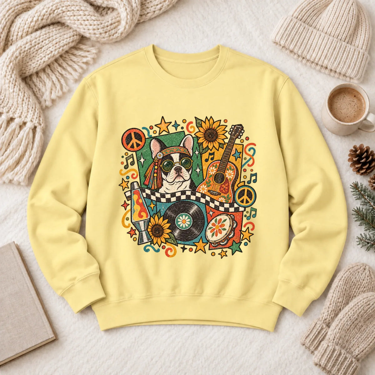 Customizer 1466 LW Sweatshirt Light / Butter / S Custom Frenchie Hippie Music Unisex Sweatshirt