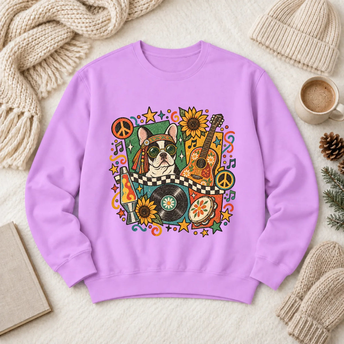 Customizer 1466 LW Sweatshirt Light / Neon Violet / S Custom Frenchie Hippie Music Unisex Sweatshirt