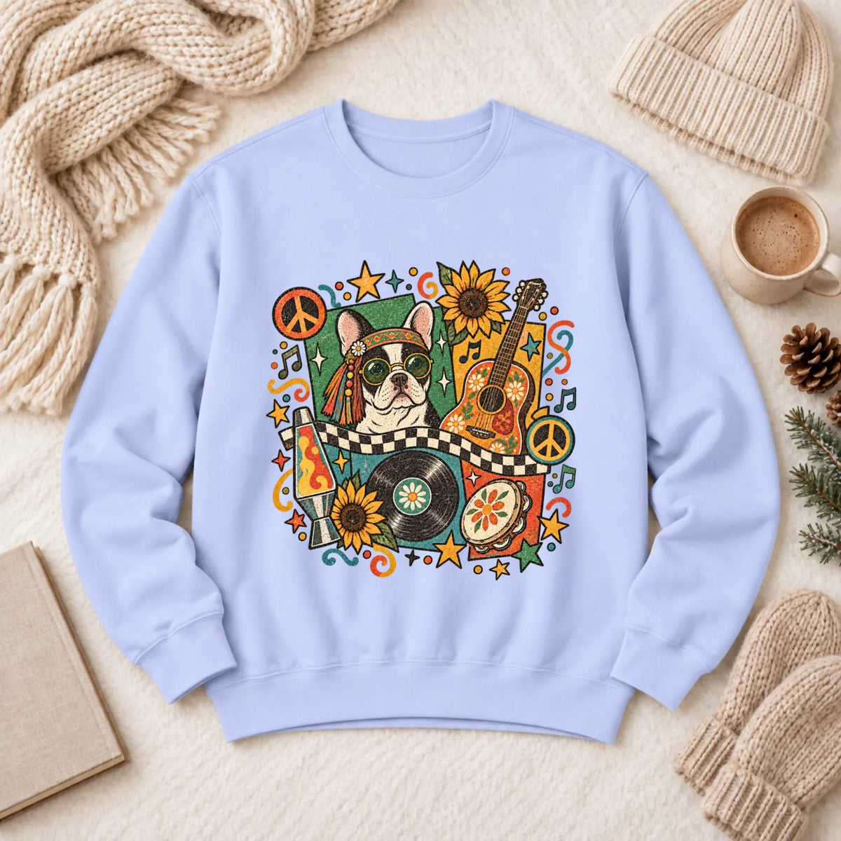 Customizer 1466 LW Sweatshirt Light / Hydrangea / S Custom Frenchie Hippie Music Unisex Sweatshirt