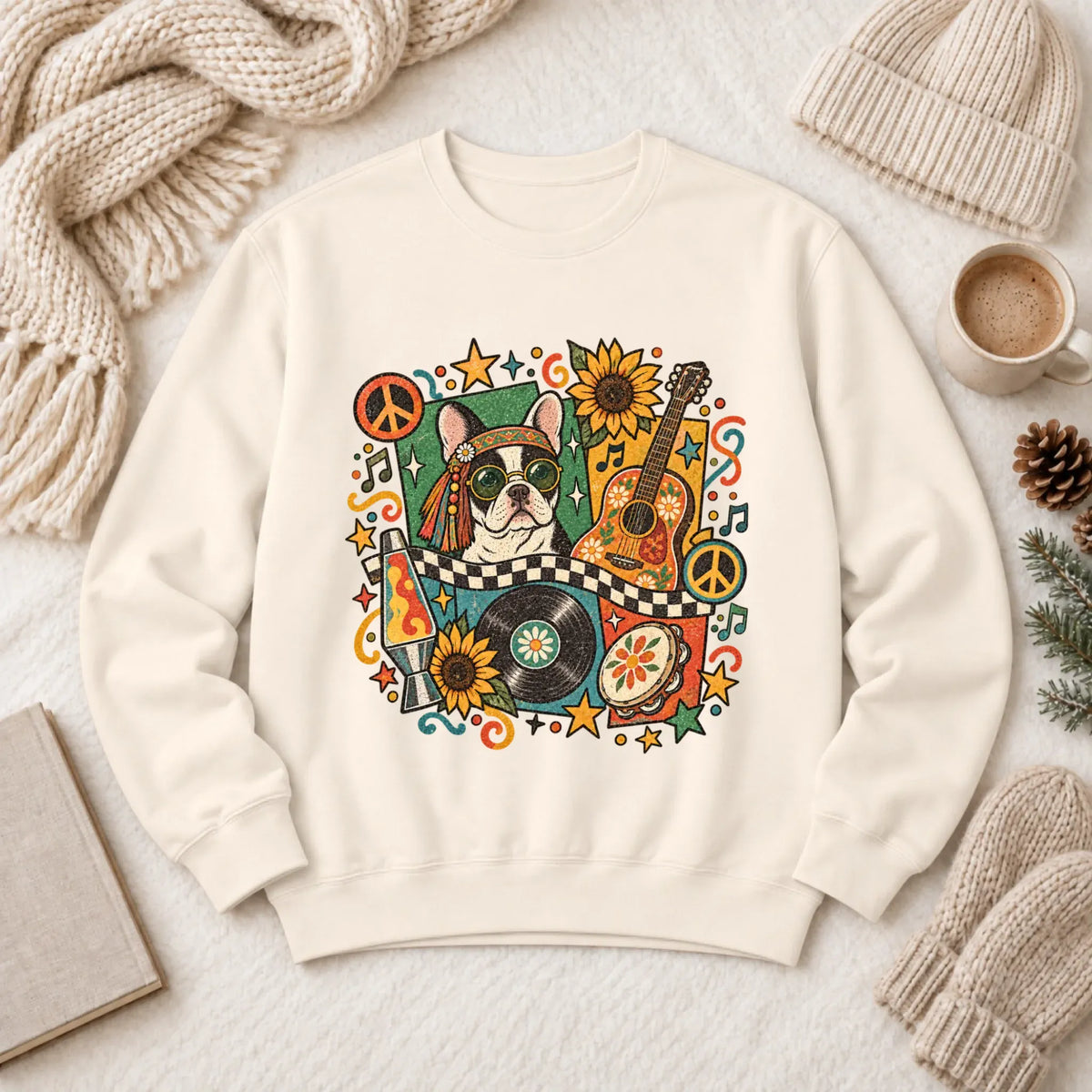 Customizer 1466 LW Sweatshirt Light / Ivory / S Custom Frenchie Hippie Music Unisex Sweatshirt
