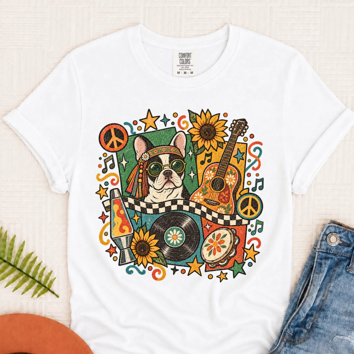 Customizer Monster Light 1717 / White / S Custom Frenchie Hippie Music Unisex Tshirt