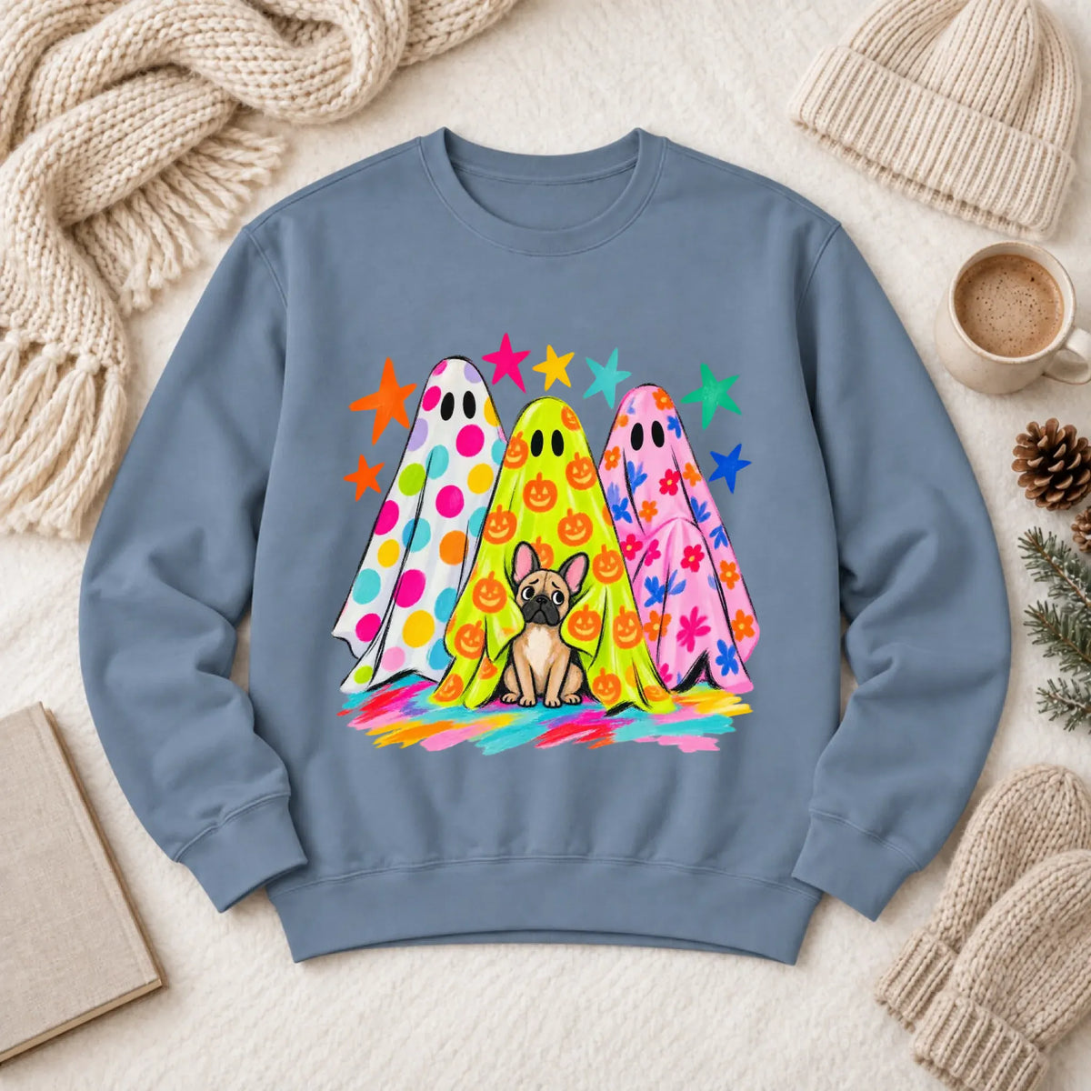 Custom Frenchie Neon Ghost Halloween Unisex Sweatshirt Blue Jean