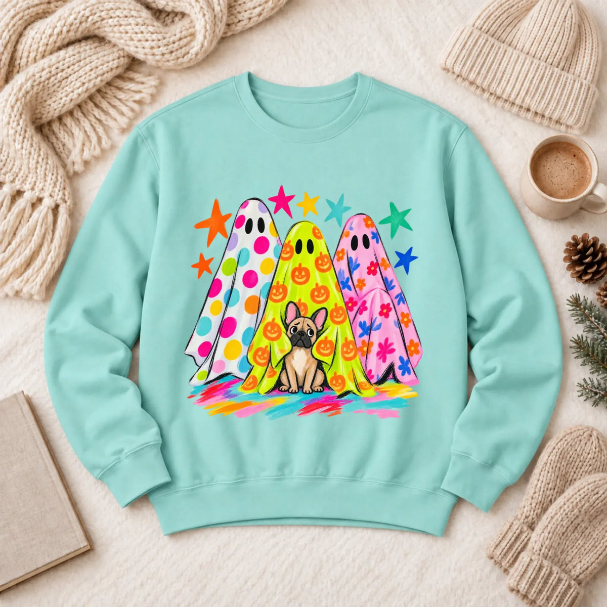 Custom Frenchie Neon Ghost Halloween Unisex Sweatshirt Chalky Mint