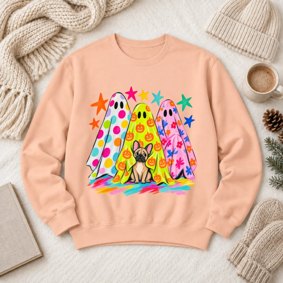 Custom Frenchie Neon Ghost Halloween Unisex Sweatshirt Peachy