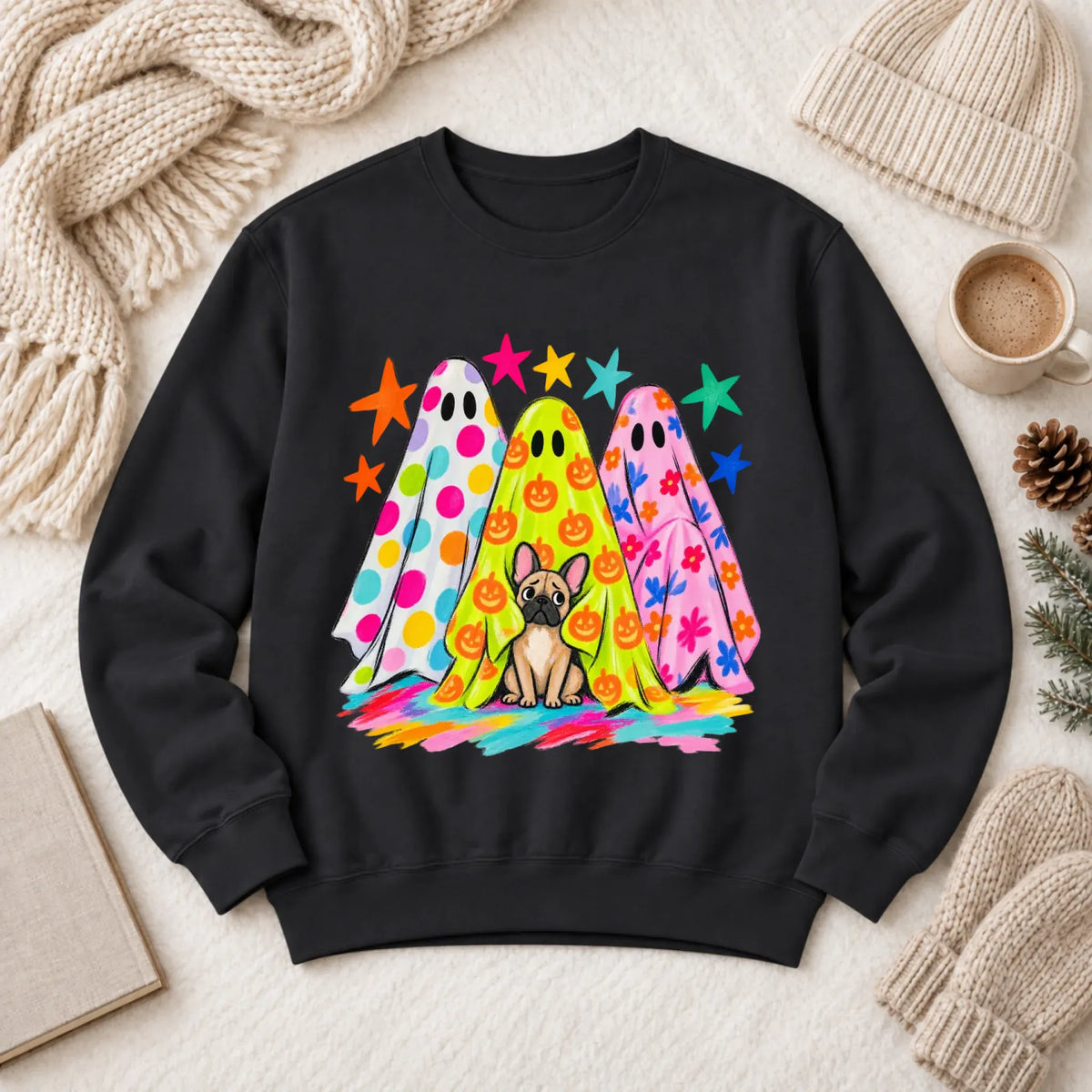 Custom Frenchie Neon Ghost Halloween Unisex Sweatshirt Black