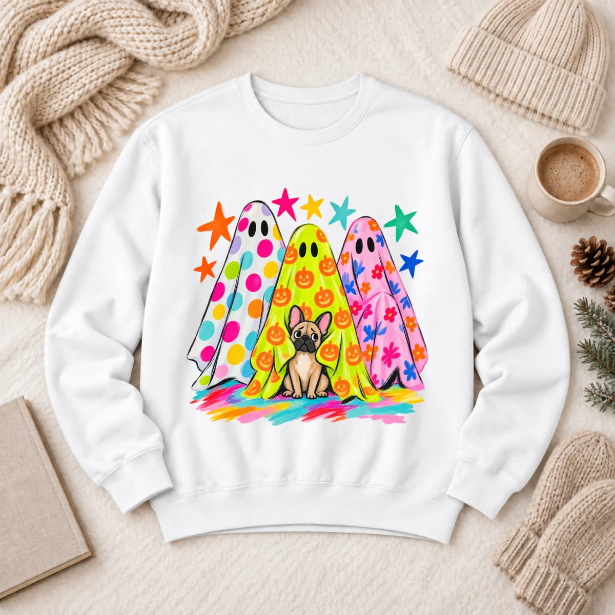 Custom Frenchie Neon Ghost Halloween Unisex Sweatshirt White