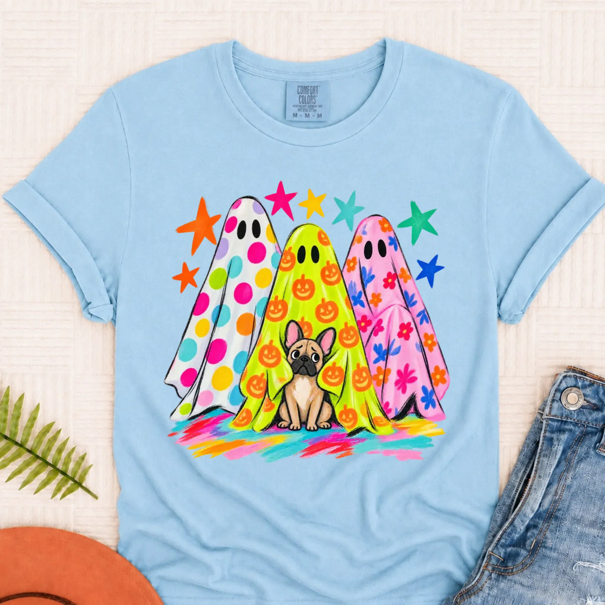 Custom Frenchie Neon Ghost Halloween Unisex Tshirt Chambray