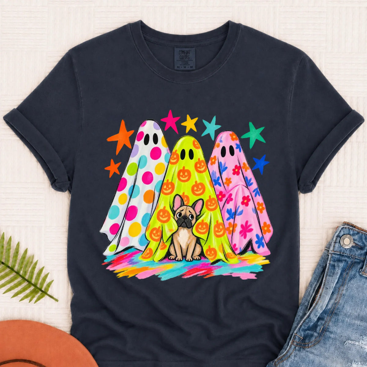 Custom Frenchie Neon Ghost Halloween Unisex Tshirt Navy