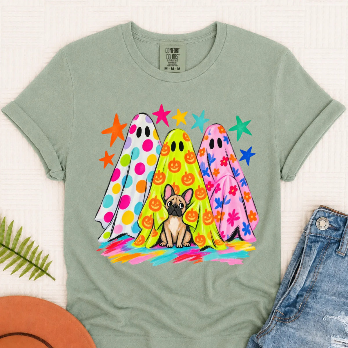 Custom Frenchie Neon Ghost Halloween Unisex Tshirt Bay