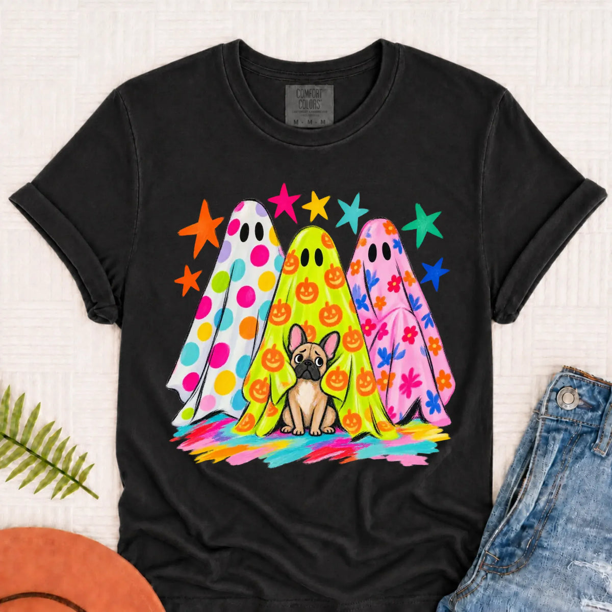Custom Frenchie Neon Ghost Halloween Unisex Tshirt Graphite
