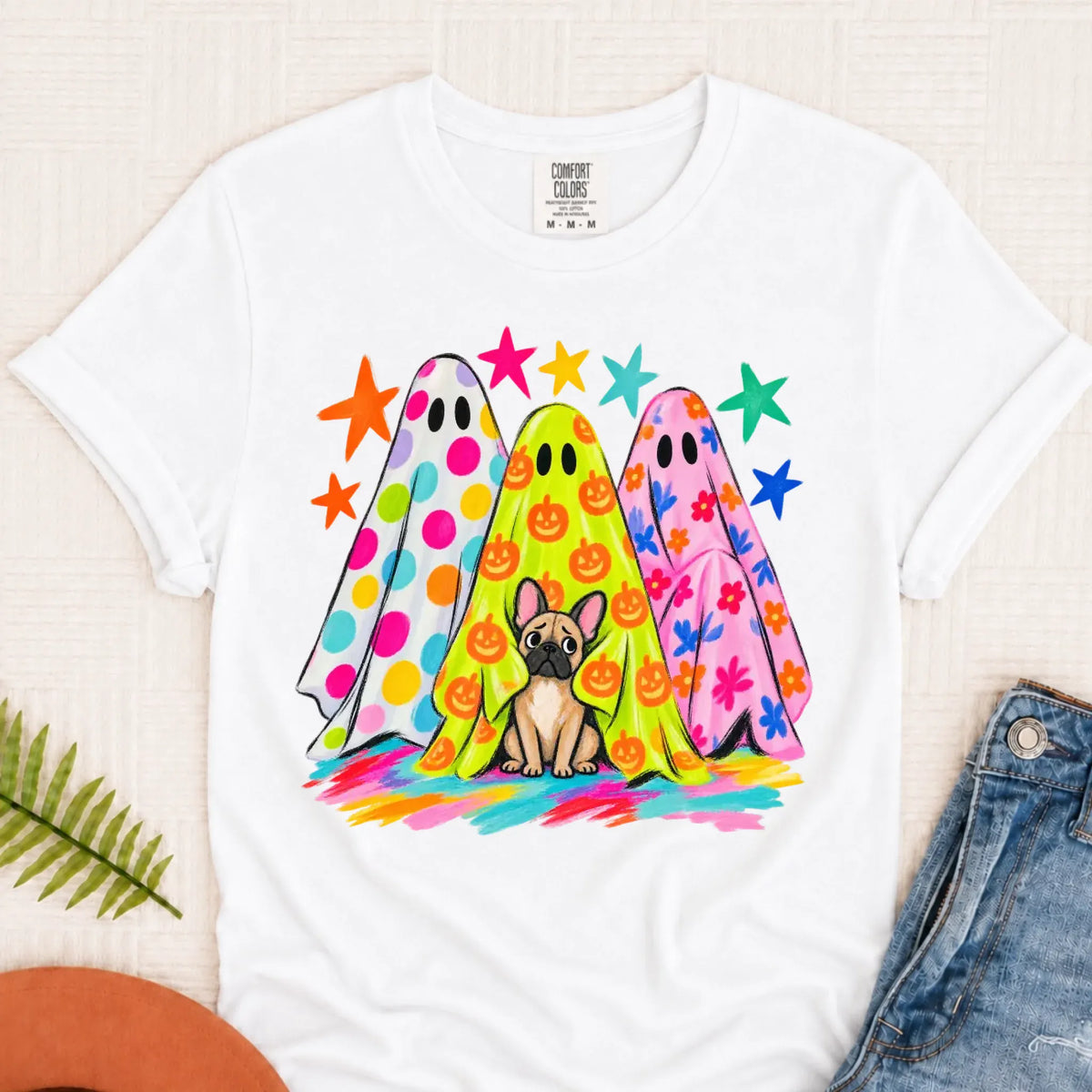 Custom Frenchie Neon Ghost Halloween Unisex Tshirt White