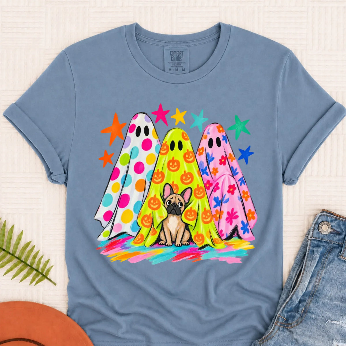 Custom Frenchie Neon Ghost Halloween Unisex Tshirt Blue Jean