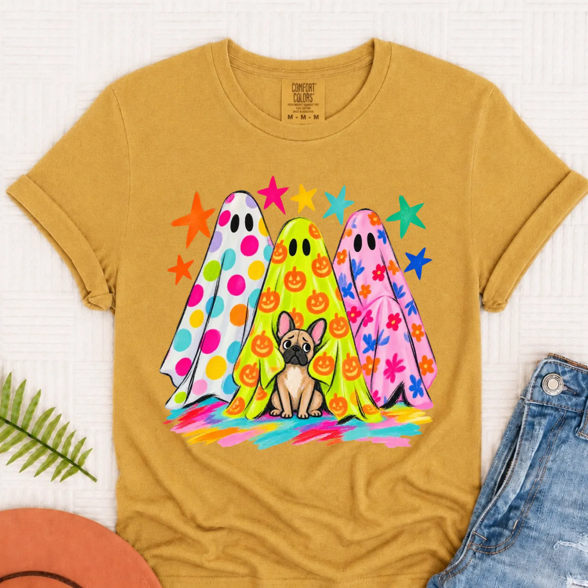 Custom Frenchie Neon Ghost Halloween Unisex Tshirt Mustard