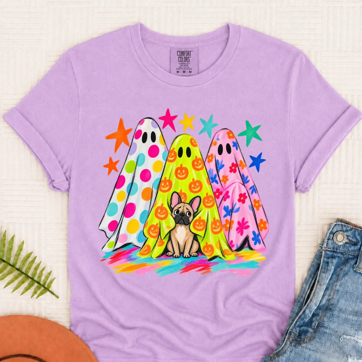 Custom Frenchie Neon Ghost Halloween Unisex Tshirt Orchid