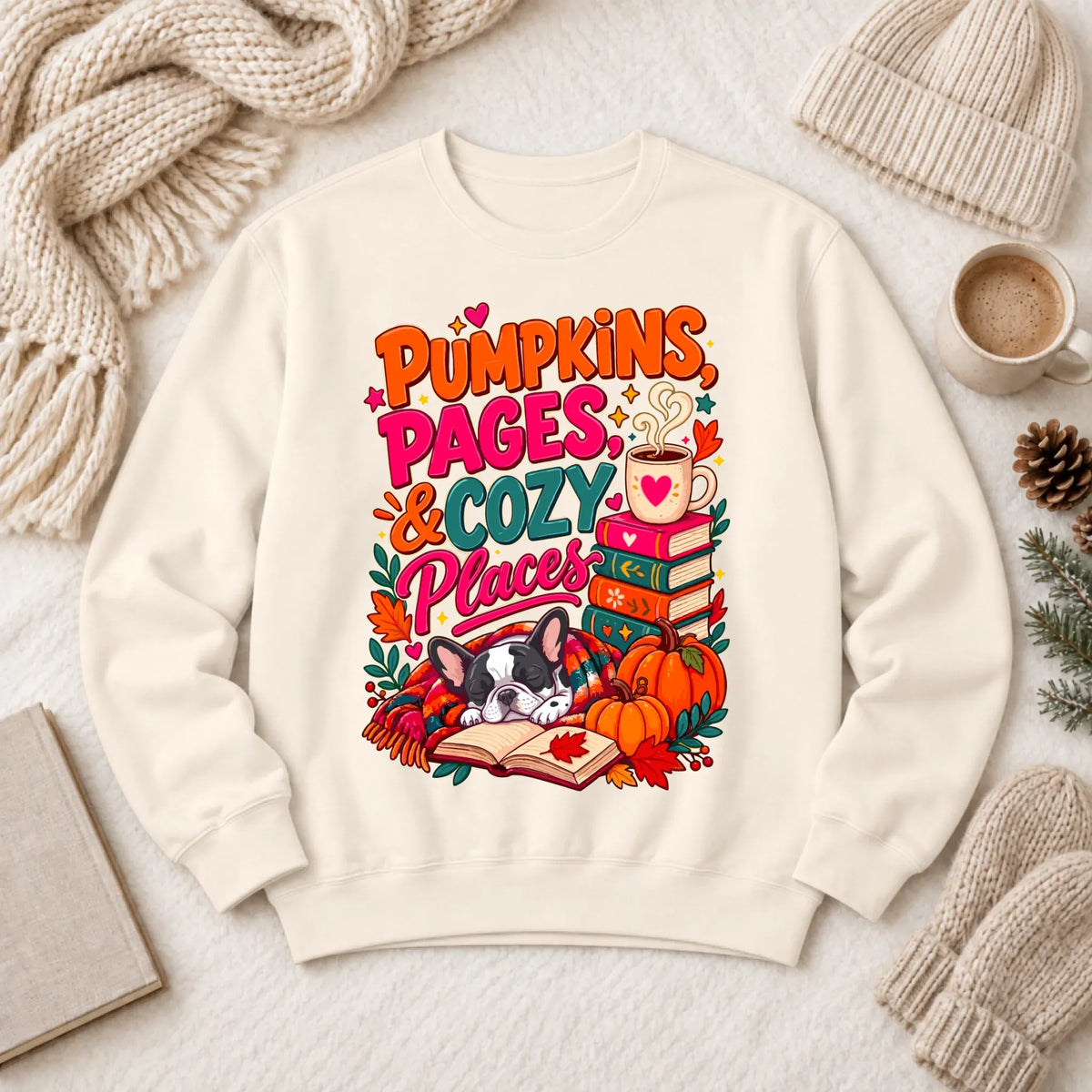Custom Frenchie Pumpkins Books Unisex Sweatshirt Ivory