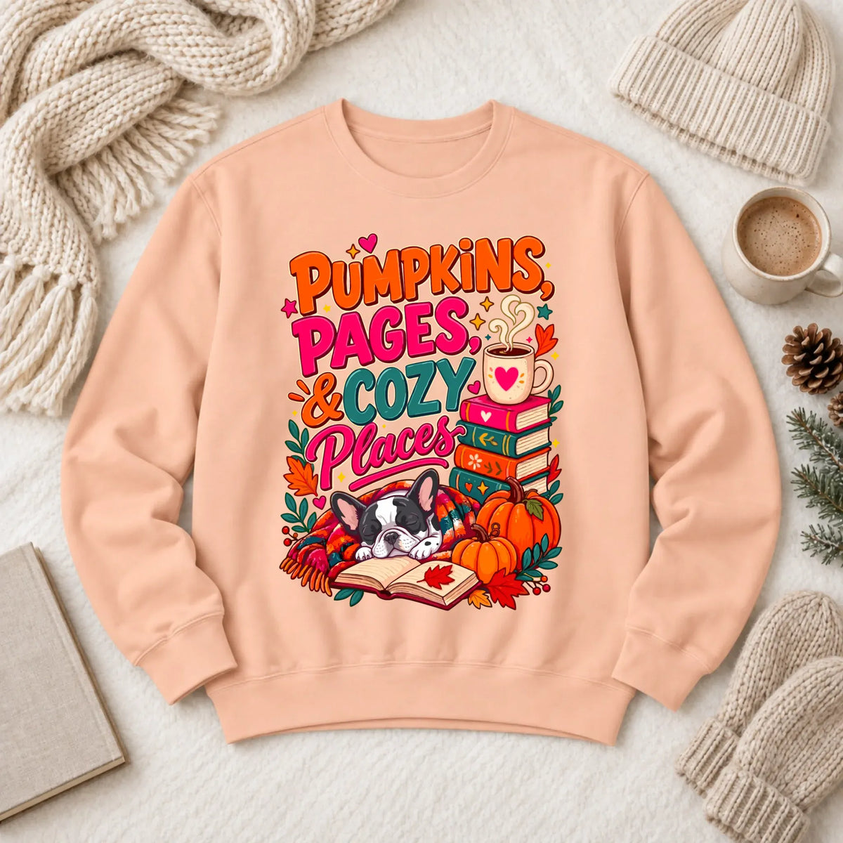 Custom Frenchie Pumpkins Books Unisex Sweatshirt Peachy