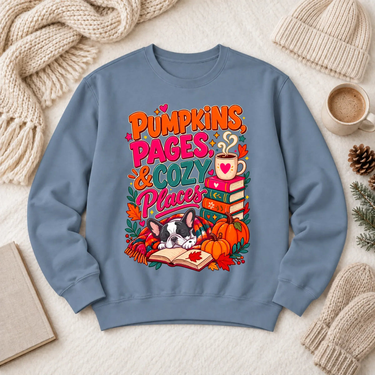 Custom Frenchie Pumpkins Books Unisex Sweatshirt Blue Jean