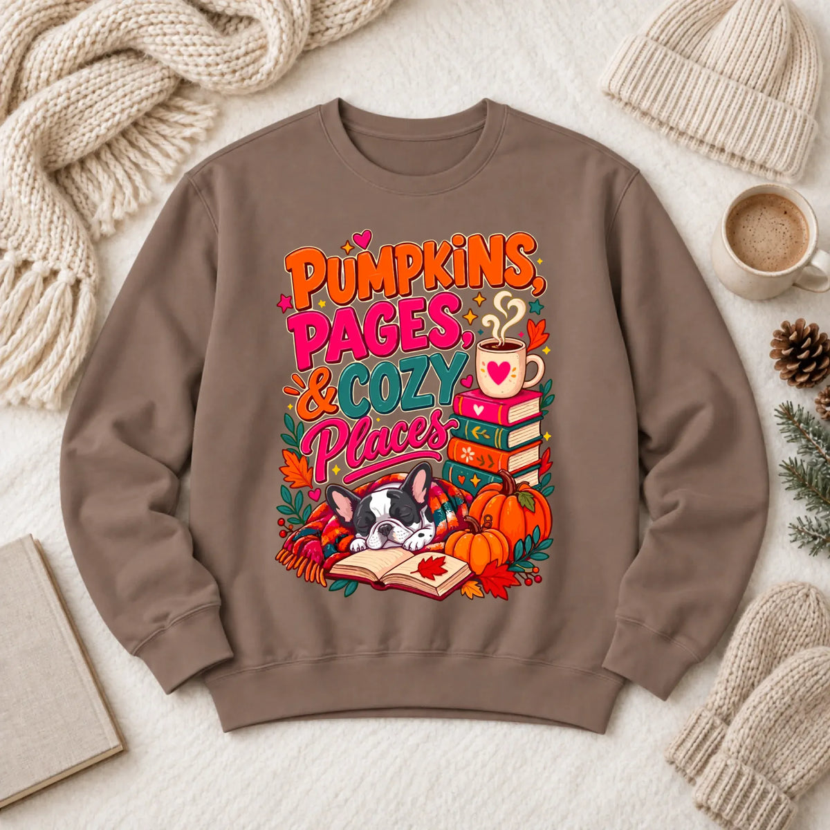 Custom Frenchie Pumpkins Books Unisex Sweatshirt Espresso