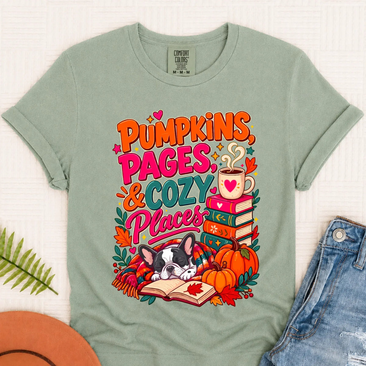 Custom Frenchie Pumpkins Books Unisex Tshirt Bay
