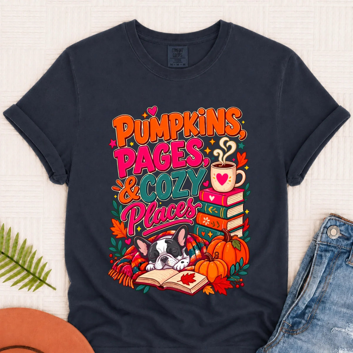 Custom Frenchie Pumpkins Books Unisex Tshirt Navy