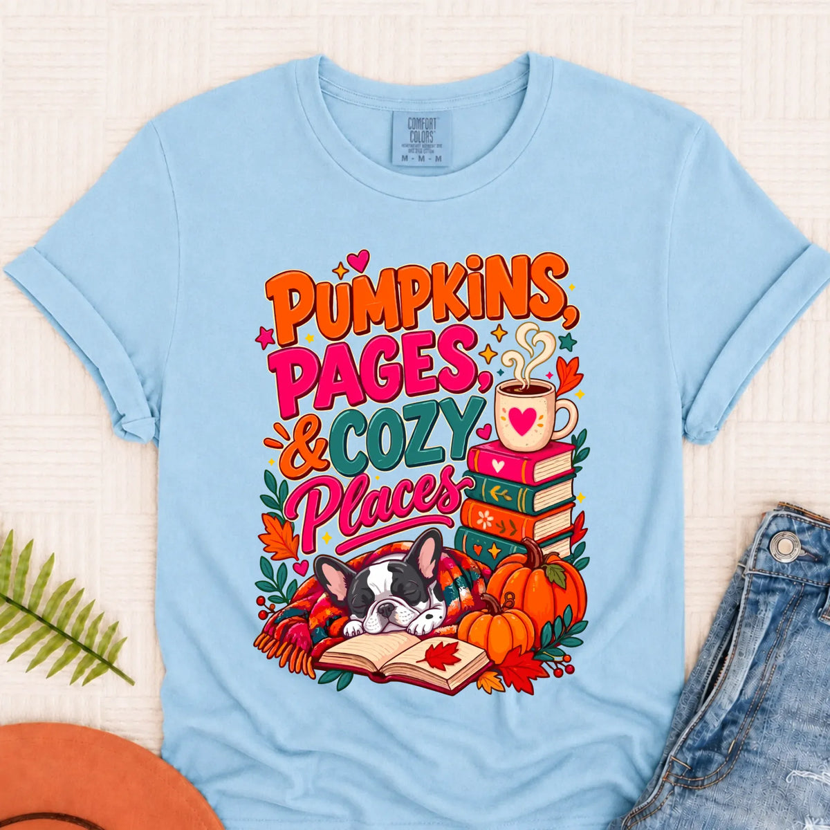 Custom Frenchie Pumpkins Books Unisex Tshirt Chambray