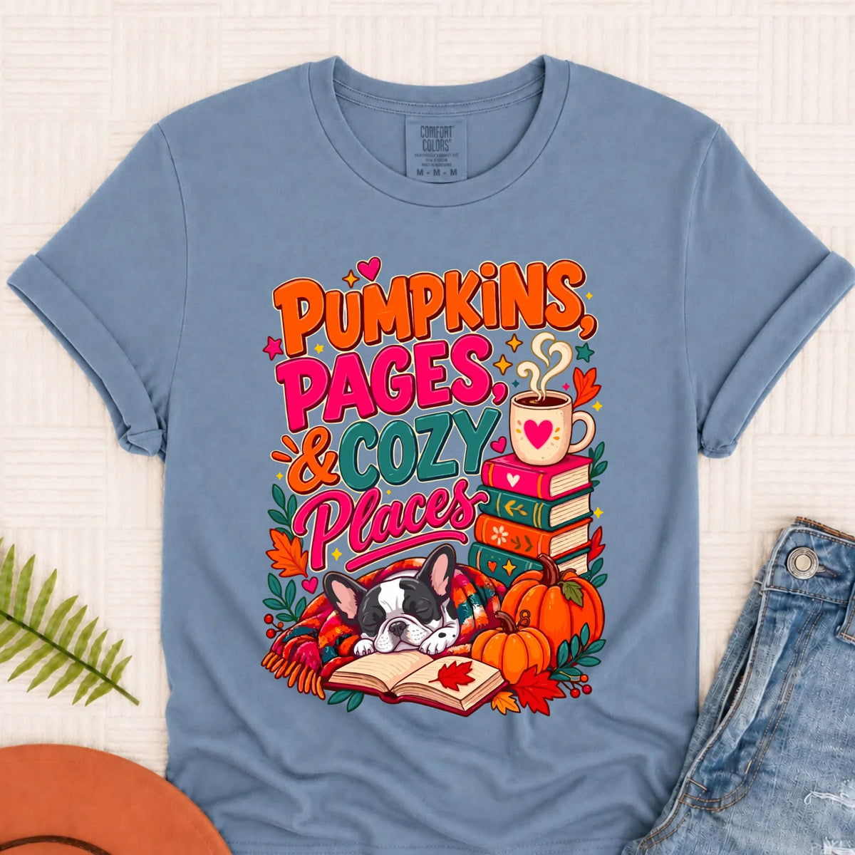 Custom Frenchie Pumpkins Books Unisex Tshirt Blue Jean