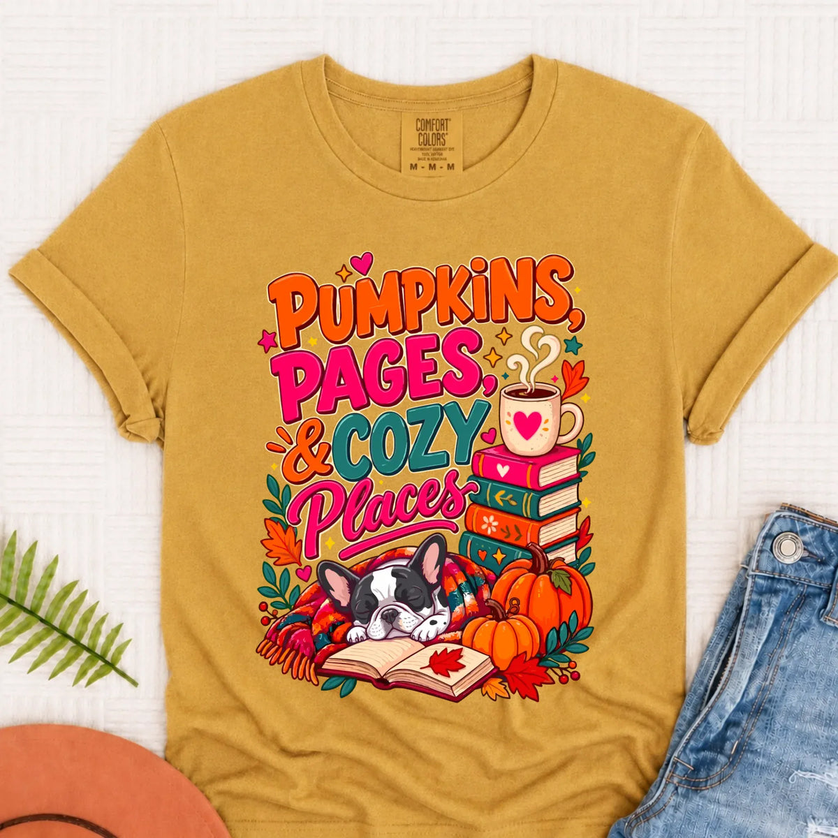 Custom Frenchie Pumpkins Books Unisex Tshirt Mustard