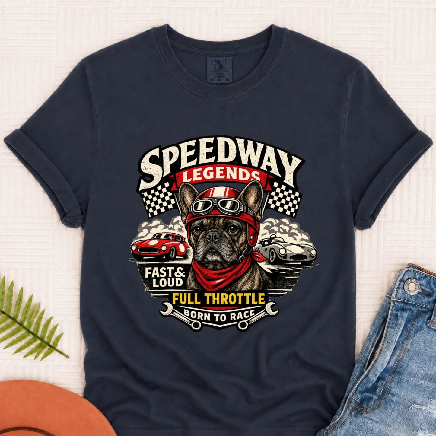 Custom Frenchie Race Car Speedway Unisex TShirt Navy