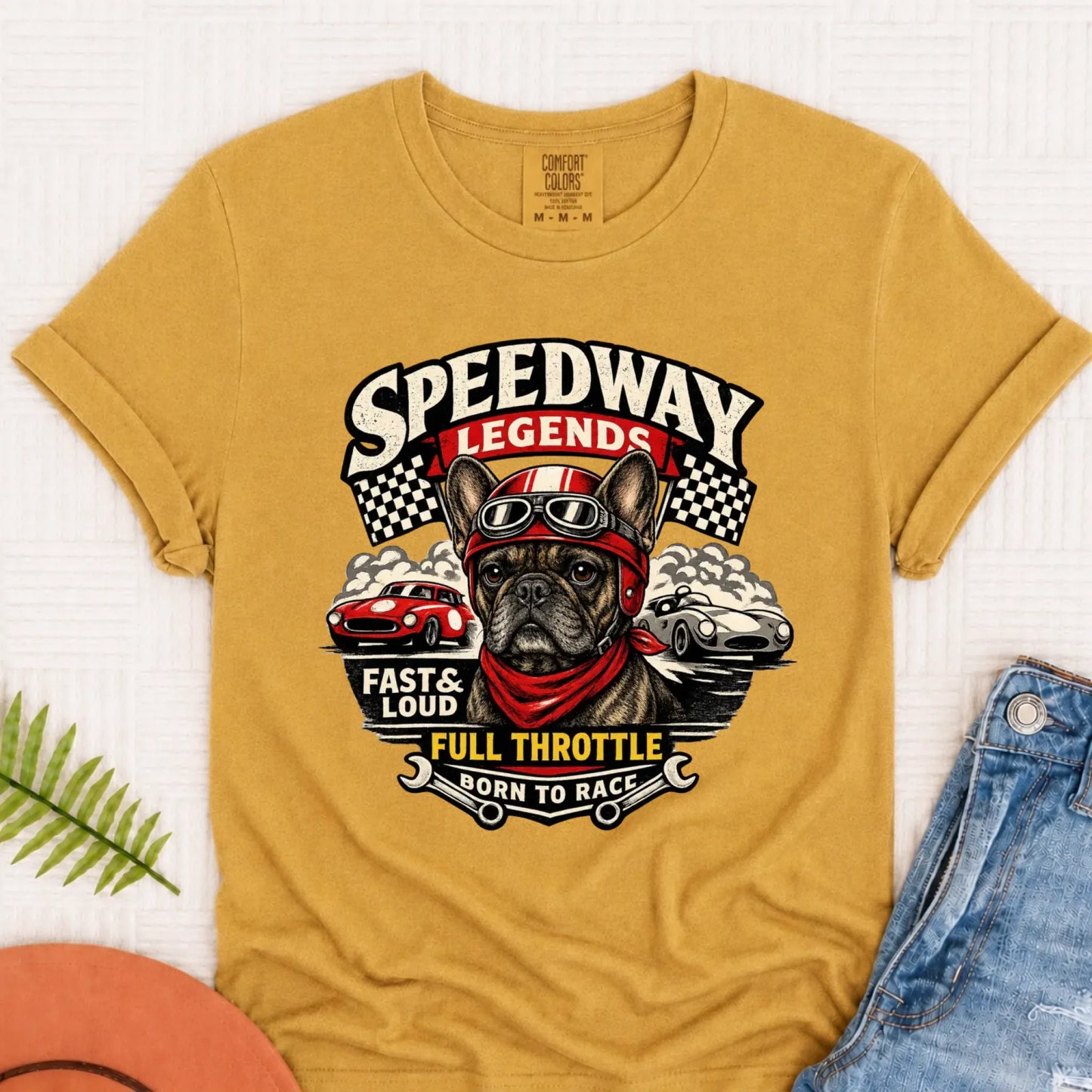 Custom Frenchie Race Car Speedway Unisex TShirt Mustard