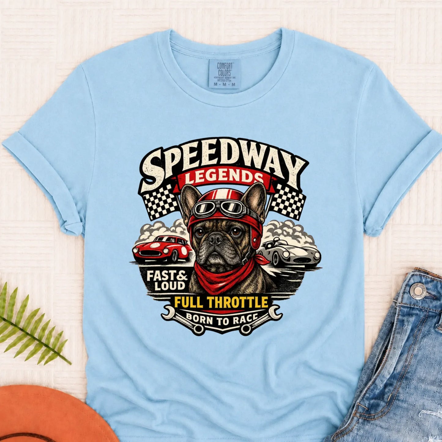Custom Frenchie Race Car Speedway Unisex TShirt Chambray
