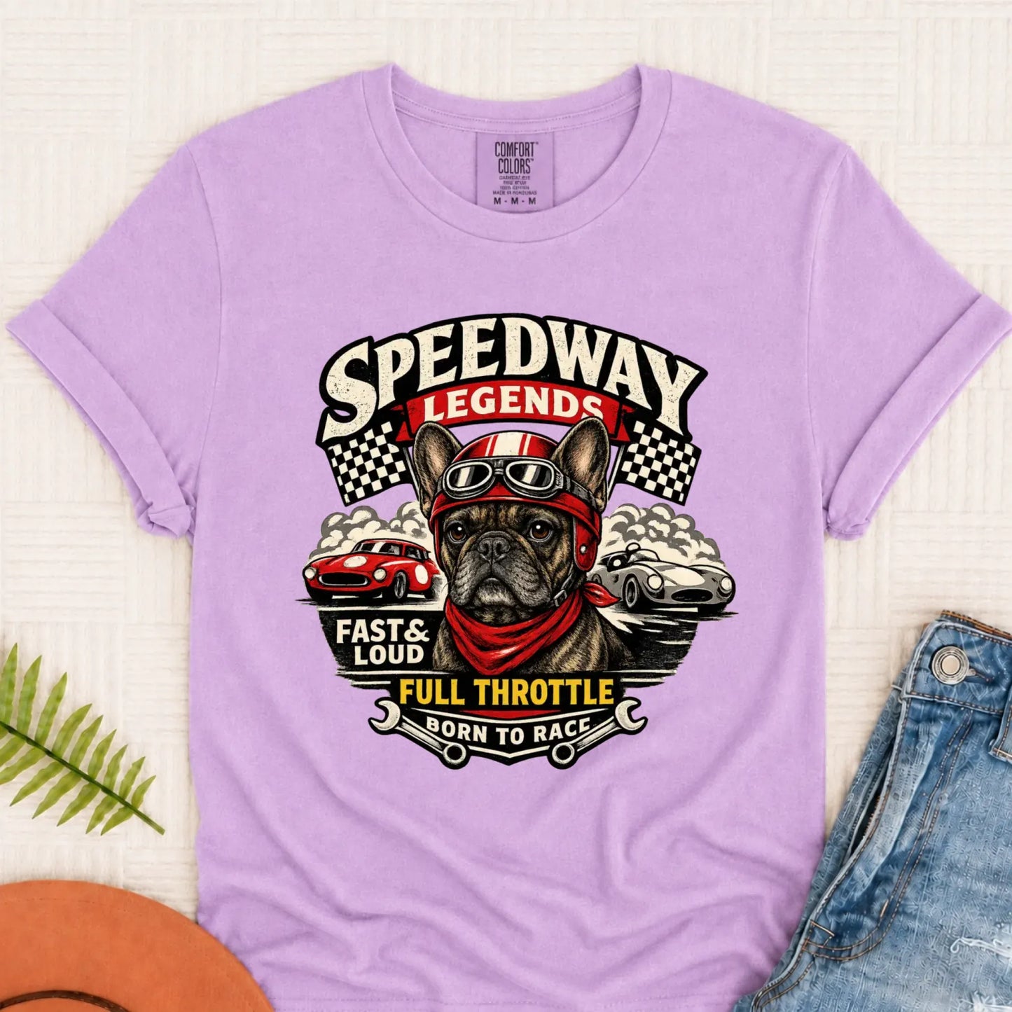 Custom Frenchie Race Car Speedway Unisex TShirt Orchid
