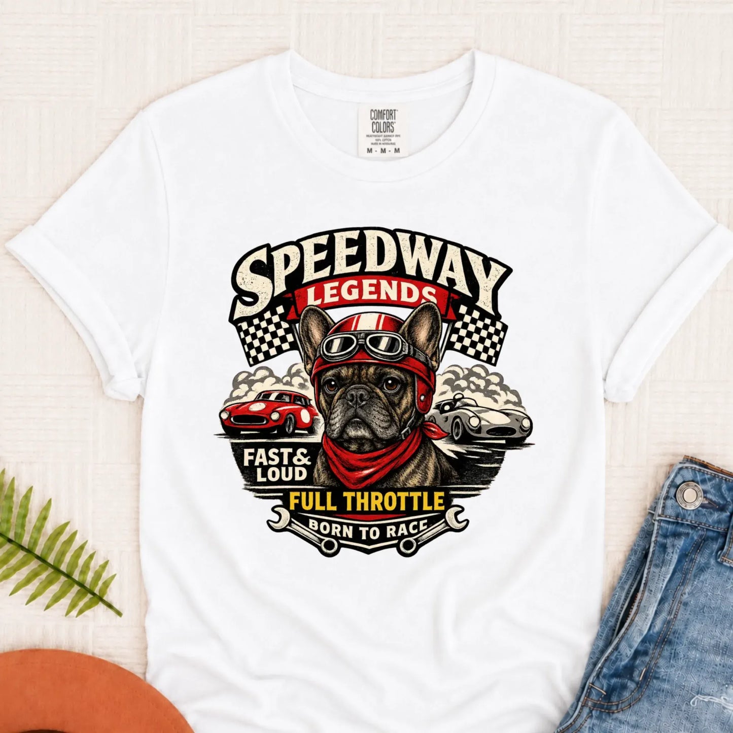 Custom Frenchie Race Car Speedway Unisex TShirt White