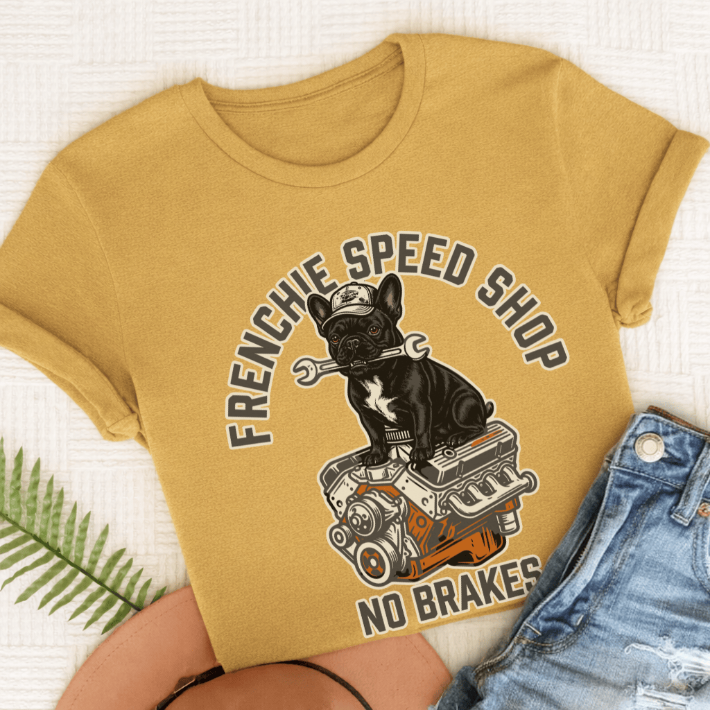 Custom Frenchie Racing Speed Shop Unisex TShirt Mustard