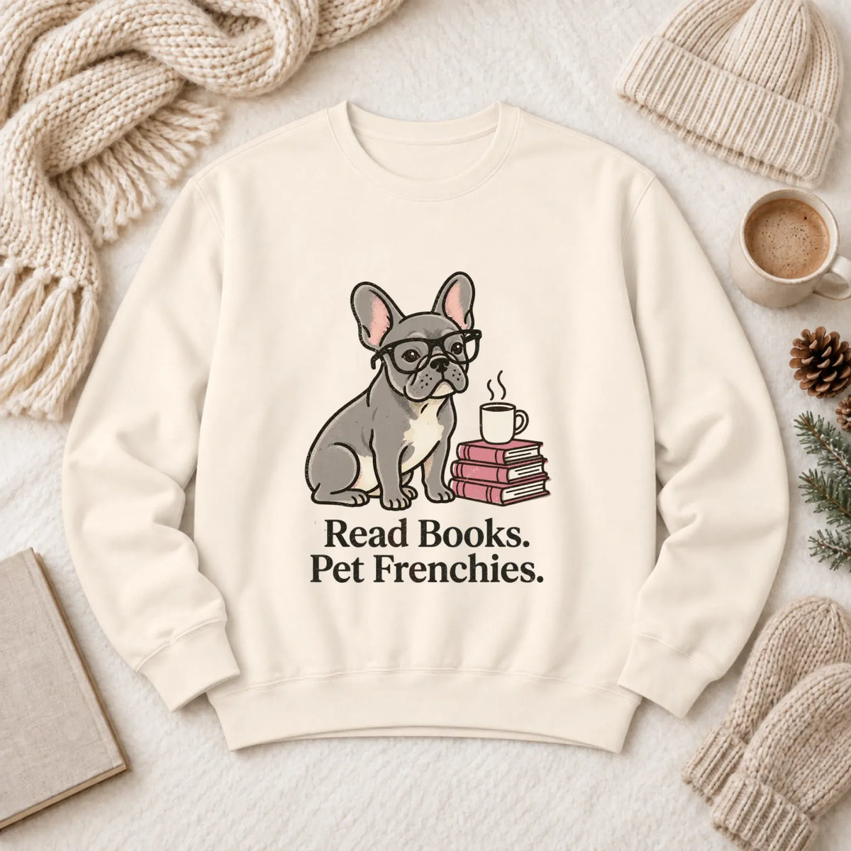 Custom Frenchie Read Books Unisex Sweatshirt Ivory