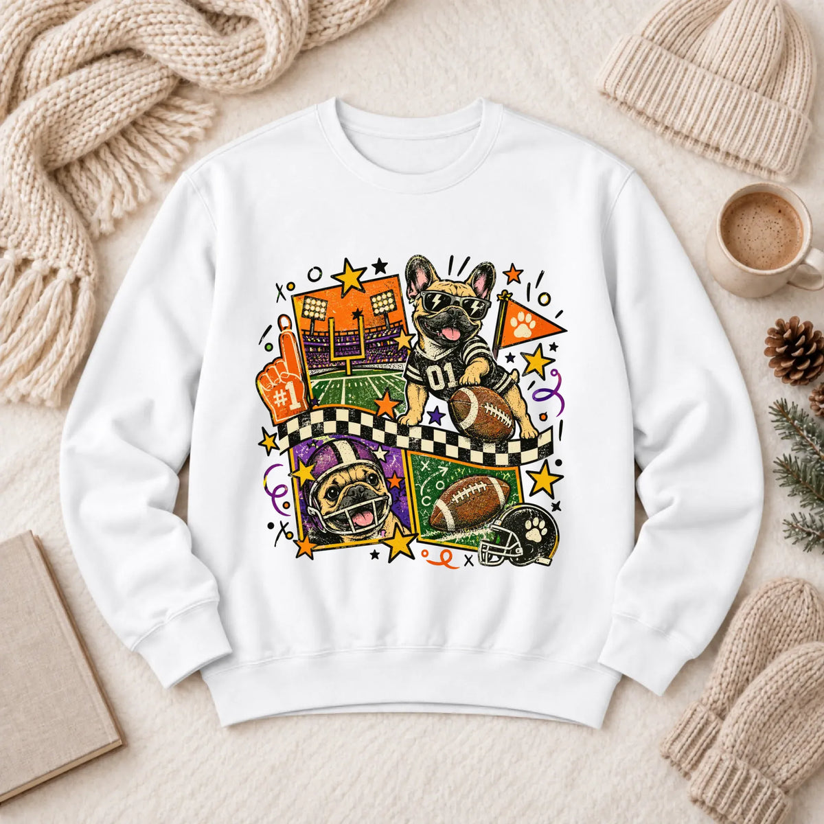 Custom Frenchie Retro Football Unisex Sweatshirt White