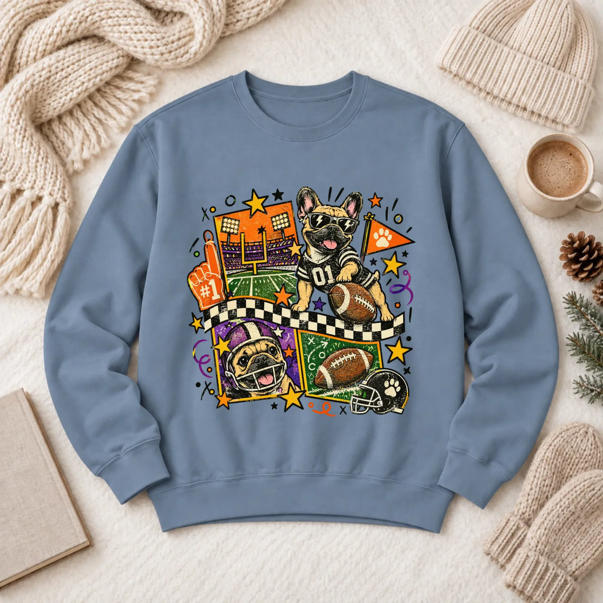 Custom Frenchie Retro Football Unisex Sweatshirt Blue Jean