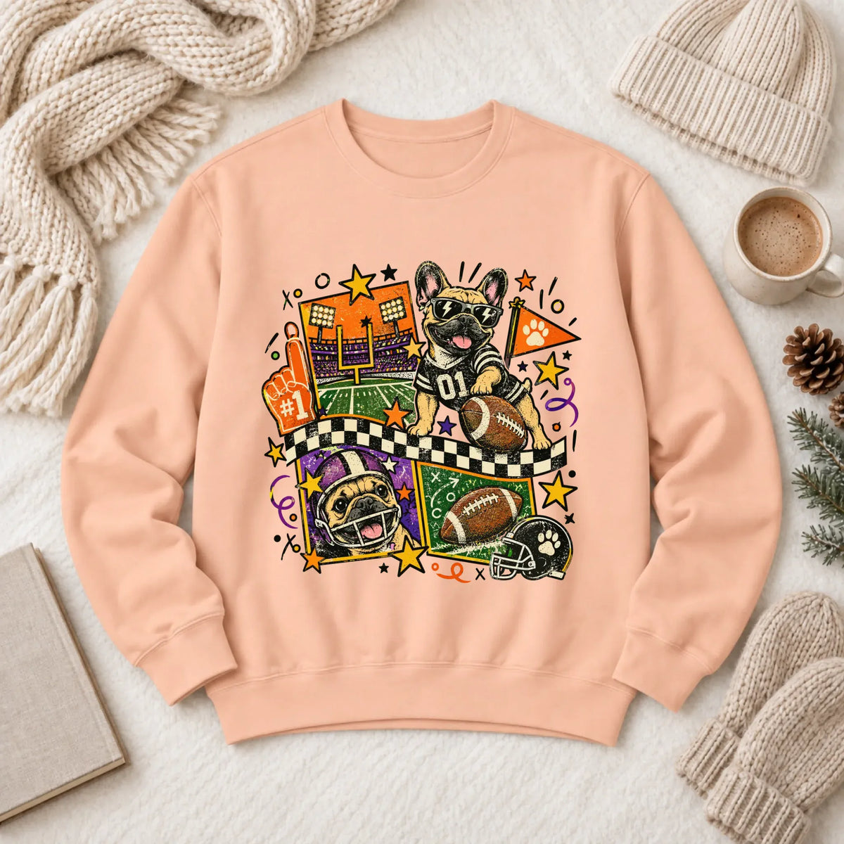 Custom Frenchie Retro Football Unisex Sweatshirt Peachy
