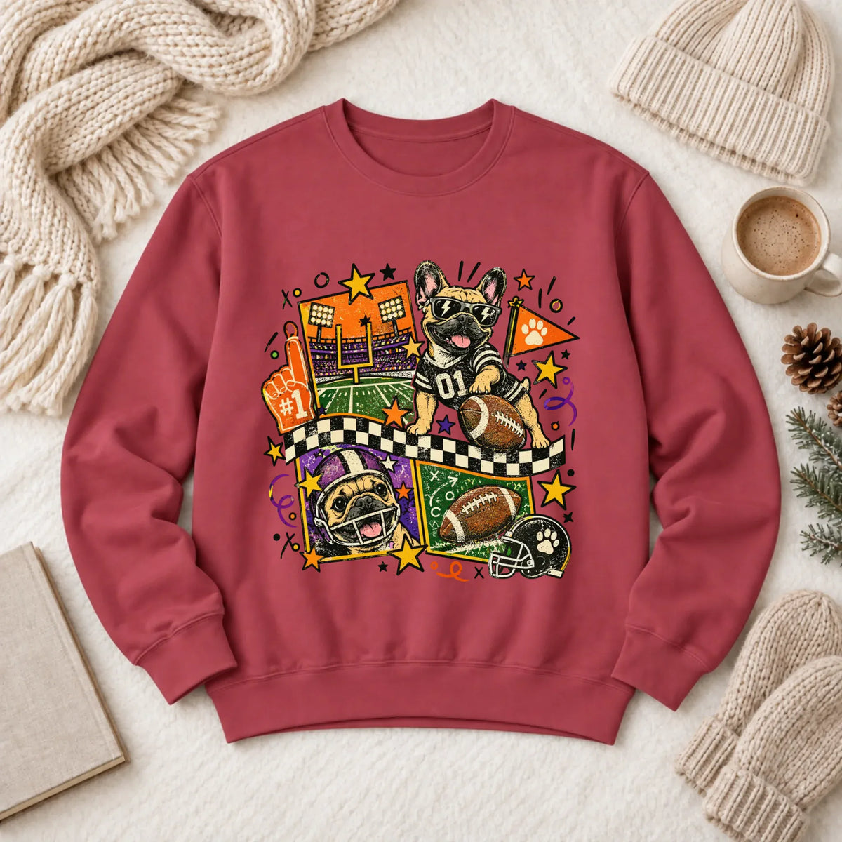 Custom Frenchie Retro Football Unisex Sweatshirt Crimson