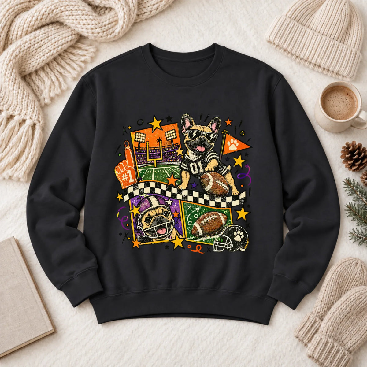 Custom Frenchie Retro Football Unisex Sweatshirt Black