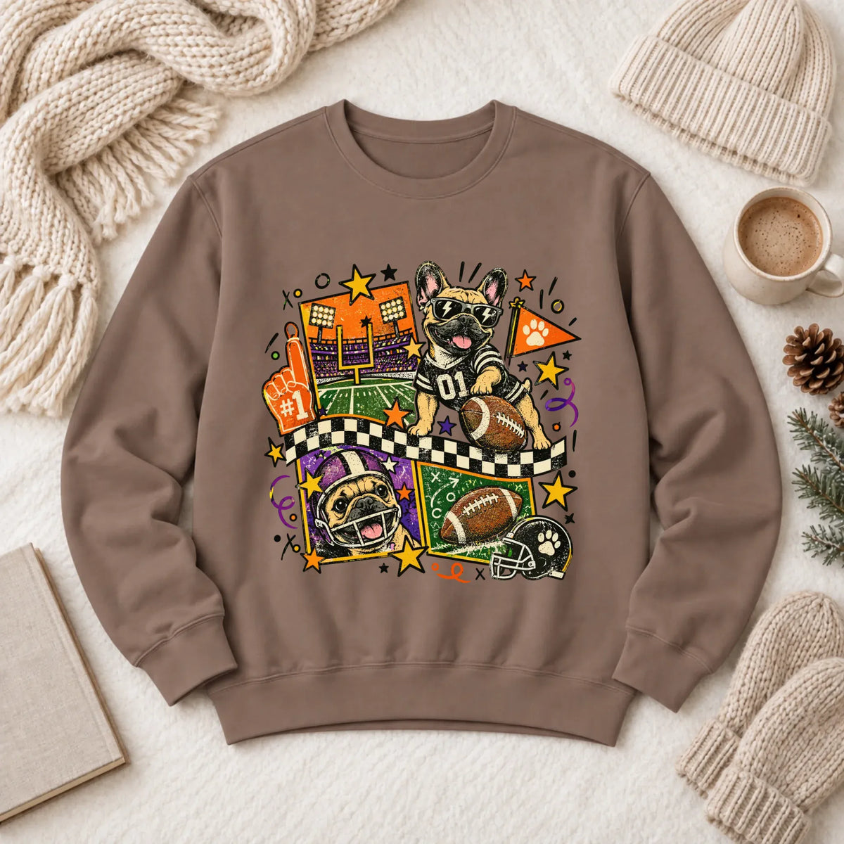 Custom Frenchie Retro Football Unisex Sweatshirt Espresso
