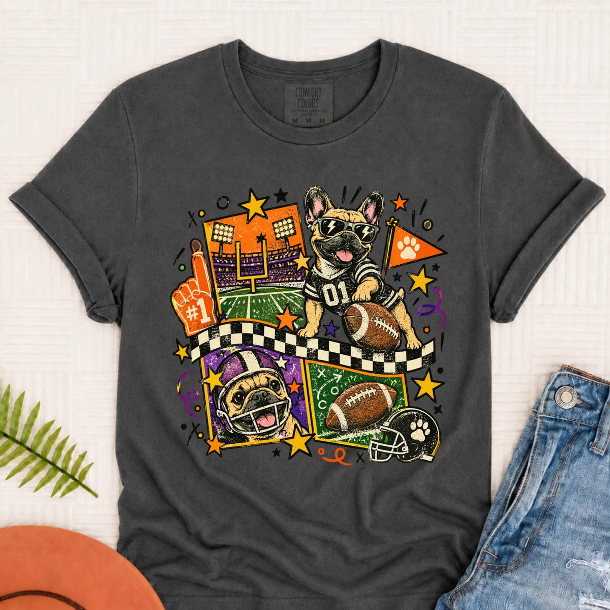 Custom Frenchie Retro Football Unisex Tshirt Pepper