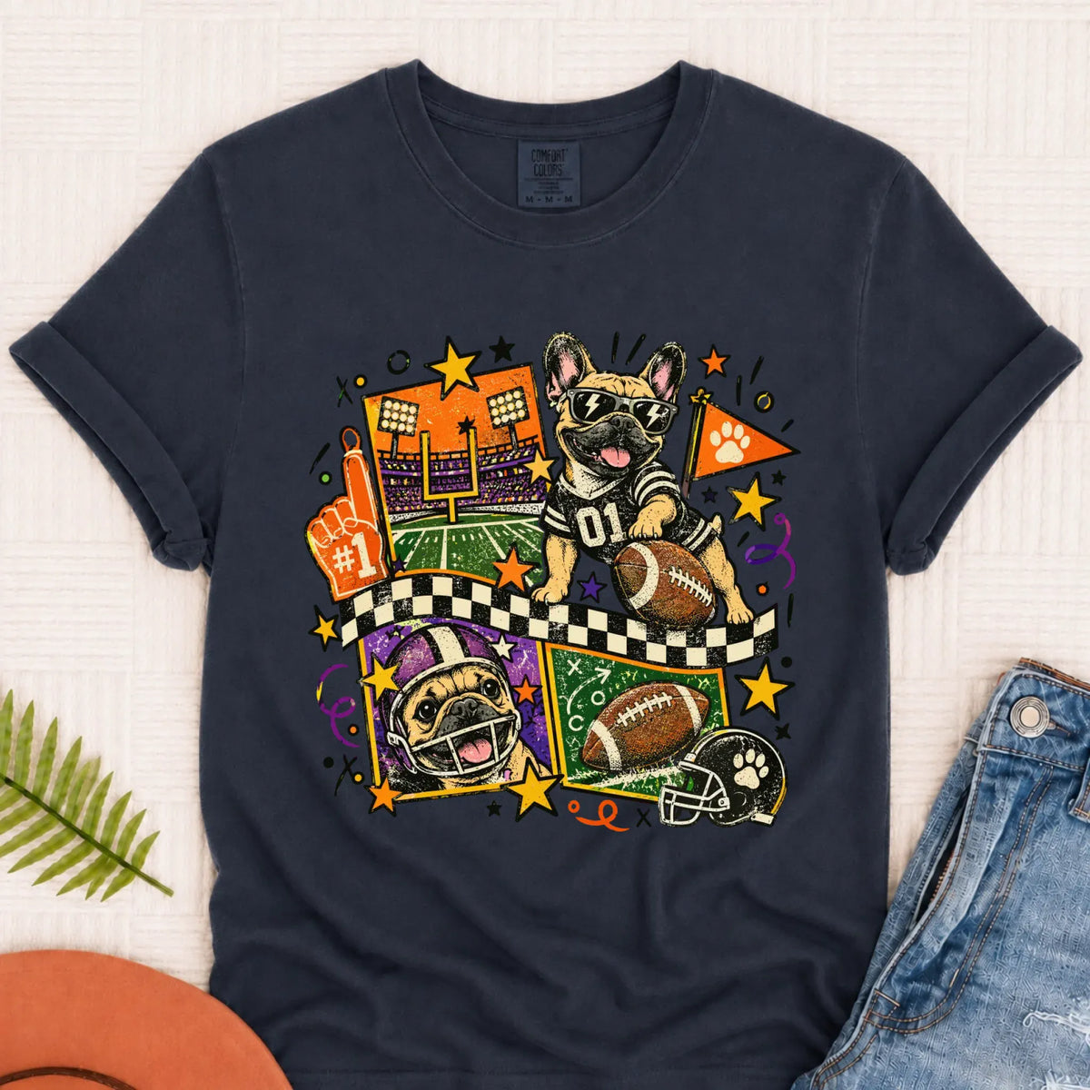 Custom Frenchie Retro Football Unisex Tshirt Navy