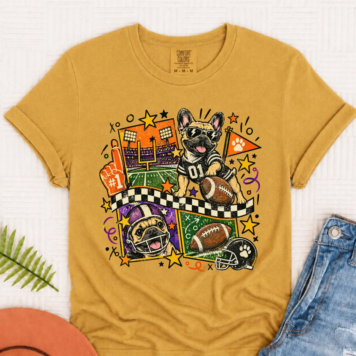 Custom Frenchie Retro Football Unisex Tshirt Mustard