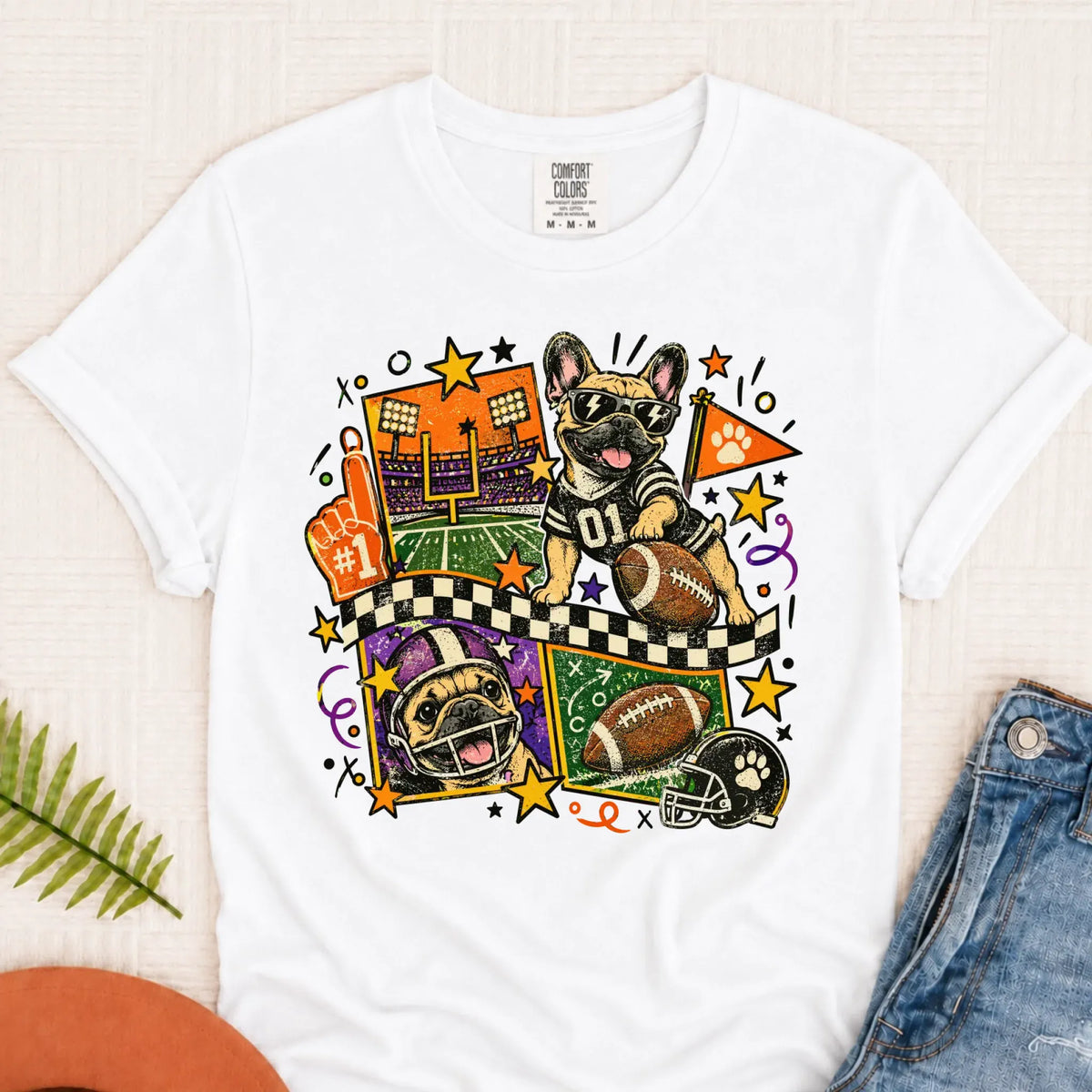Custom Frenchie Retro Football Unisex Tshirt White