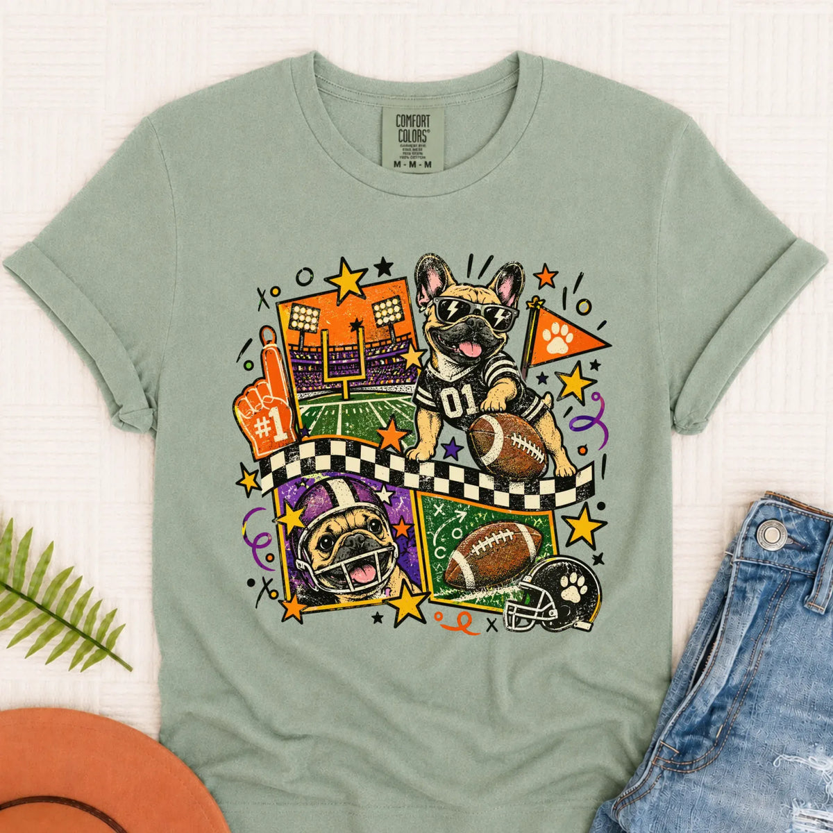 Custom Frenchie Retro Football Unisex Tshirt Bay