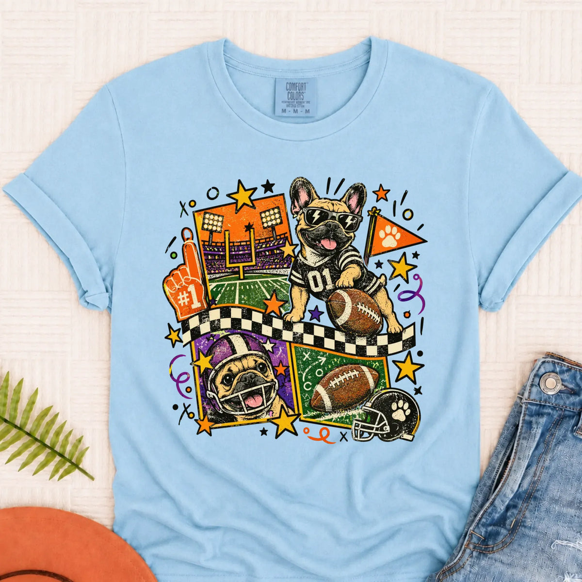Custom Frenchie Retro Football Unisex Tshirt Chambray